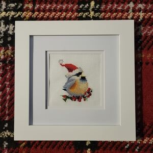 Framed Cross Stitch Art Bird With Santa Hat